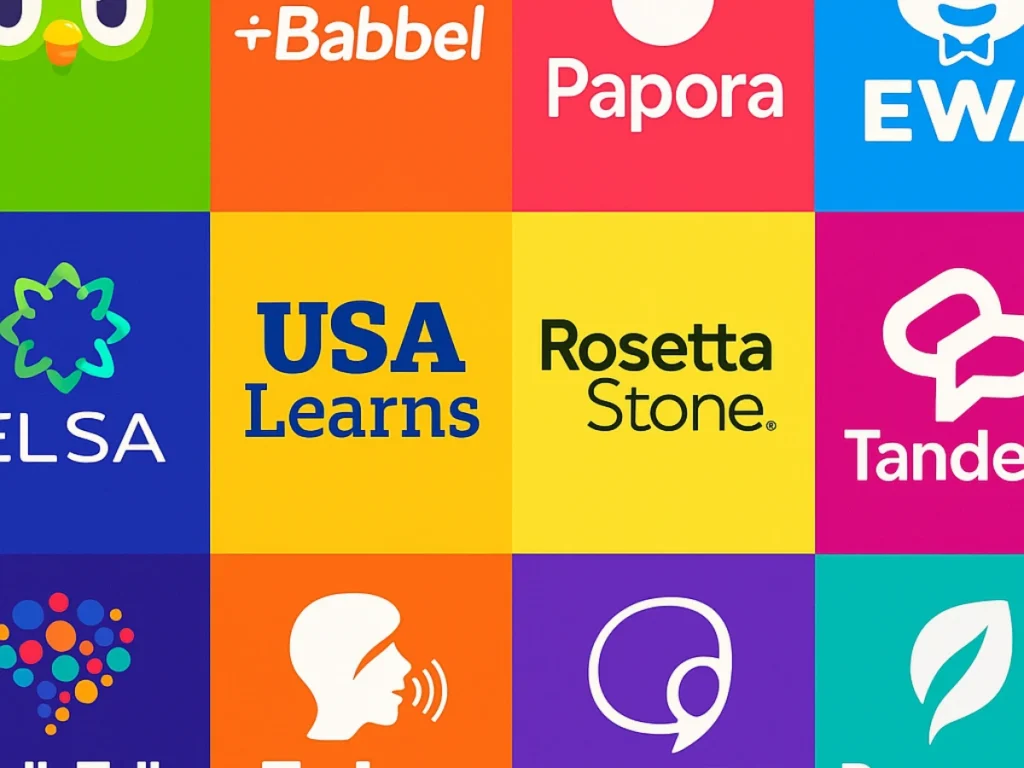 Collage de los logotipos de Duolingo, Babbel, Papora, EWA, ELSA, USA Learns, Rosetta Stone, Tandem, HelloTalk, Falou, LanguaTalk y Promova