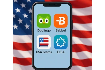 Smartphone con los iconos de Duolingo, Babbel, USA Learns y ELSA Speak sobre un fondo con la bandera de Estados Unidos