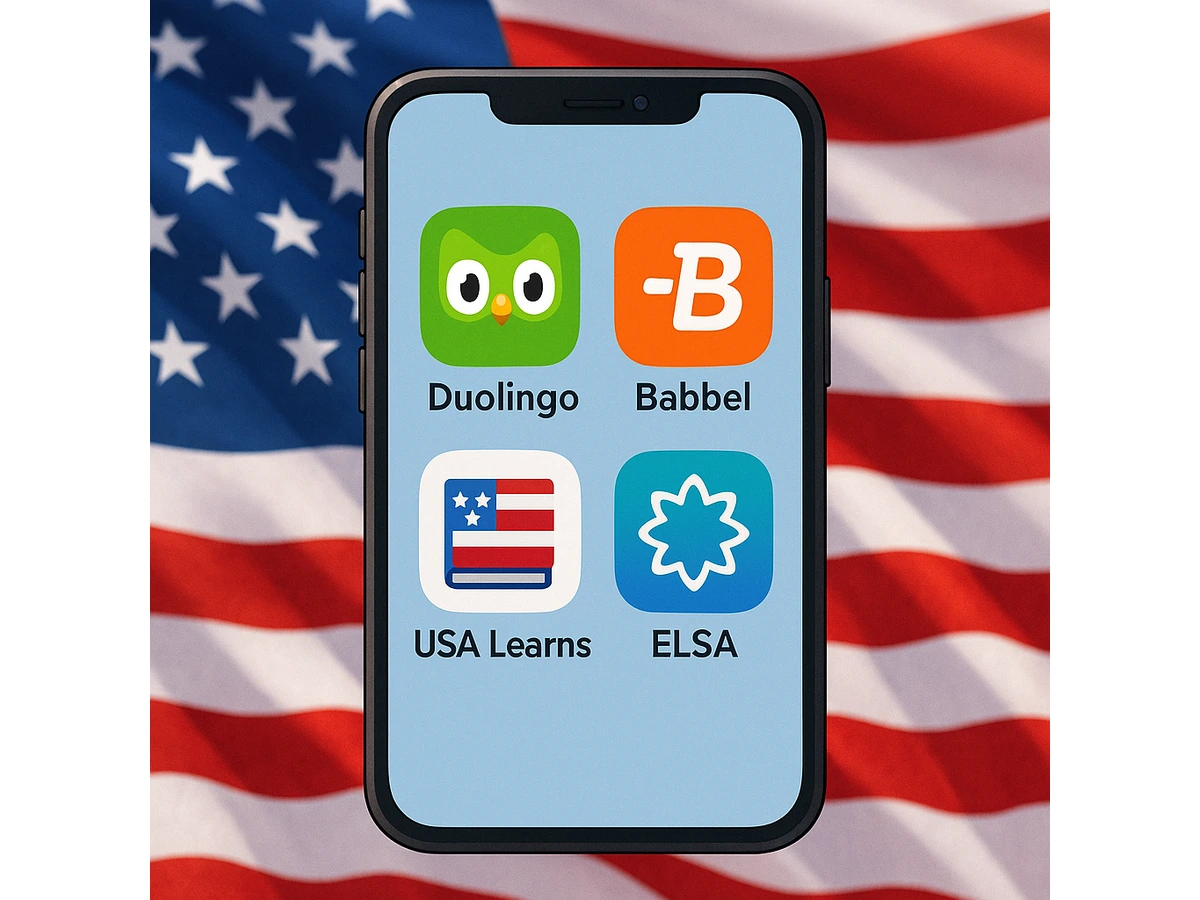 Smartphone con los iconos de Duolingo, Babbel, USA Learns y ELSA Speak sobre un fondo con la bandera de Estados Unidos
