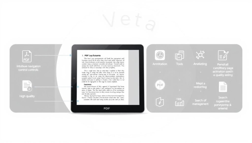 A bright, clean, and minimalist digital illustration depicting key criteria for comparing PDF readers on Android tablets. In the foreground, a sleek tablet device displays a PDF document, showcasing intuitive navigation controls, smooth page-turning animations, and high-quality rendering. In the middle ground, various icons and infographic elements highlight core features like annotation tools, bookmarking, search functionality, and file management. The background features a soft, neutral gradient, creating a sense of focus and clarity. The overall aesthetic is modern, professional, and tailored to the needs of a tech-savvy audience seeking the best PDF reading experience on their Android tablets.