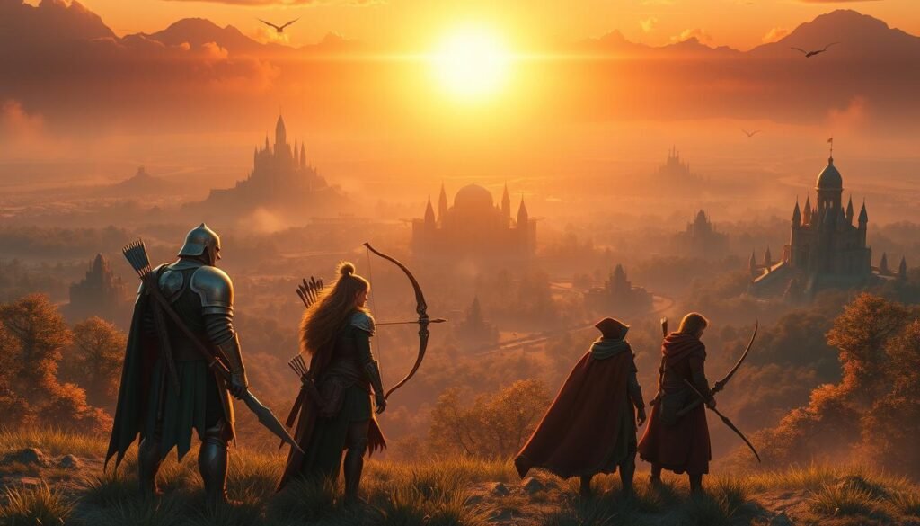 A captivating tableau of the best RPG games for tablets, bathed in a warm, golden light. In the foreground, a diverse array of fantastical characters from various RPG subgenres - a knight in shining armor, a nimble archer, a powerful mage, and a cunning rogue - stand ready for adventure. In the middle ground, a sprawling, richly detailed fantasy landscape unfolds, with majestic castles, lush forests, and mysterious ruins. The background is dominated by a breathtaking sunset, casting a soft, dreamlike glow over the entire scene. The mood is one of anticipation and wonder, inviting the viewer to explore the boundless possibilities of these free-to-play, tablet-optimized RPG experiences.