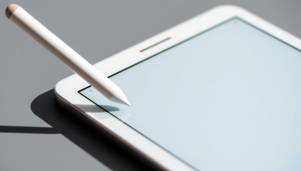 A close-up shot of a sleek, silver iPad Air 11" tablet, its high-resolution Retina display prominently featured. The screen is angled slightly, highlighting the precision and responsiveness of the Apple Pencil stylus in the user's hand. The tablet's minimalist design is accentuated by crisp lighting, casting subtle shadows that emphasize its thin profile. The overall scene conveys a sense of focus and productivity, suitable for note-taking and digital illustration tasks.