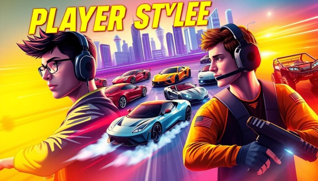 A colorful and dynamic image depicting player styles for a car racing game. In the foreground, three distinct player avatars embody the key playstyles: a focused, analytical simulation racer, an adrenaline-fueled arcade drifter, and a competitive multiplayer gamer with a gaming headset. The middle ground showcases various car models, from sleek sports cars to rugged off-road vehicles, representing the diverse vehicle options. The background features a vibrant cityscape, with skyscrapers and neon lights, creating an immersive, futuristic atmosphere. The lighting is vibrant and energetic, with dramatic shadows and highlights accentuating the players' movements and the cars' designs. The overall composition conveys the excitement and variety of the car racing game experience.