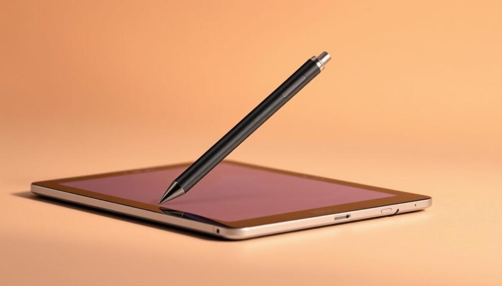 A comfortable and well-designed digital stylus for extended use on a Samsung Galaxy Tab A10.1 tablet. The stylus has an ergonomic, balanced form factor with a soft, textured grip for a secure and natural hold. Gentle curves and a tapered tip enable precise control and a seamless drawing experience. The stylus is crafted from high-quality, durable materials that convey a premium feel. Subtle metallic accents complement the modern, minimalist aesthetic. Warm, diffused lighting illuminates the stylus from an angle, highlighting its sleek profile and organic shape. The composition places the stylus as the central focus, set against a softly blurred, neutral background that allows the design details to shine.