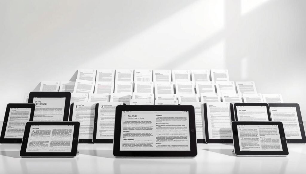 A comparative analysis of high-quality PDF readers, showcased against a clean, modern backdrop. In the foreground, various tablet devices display the user interfaces of leading PDF apps, each highlighted with a subtle spotlight. The middle ground features an array of meticulously rendered PDF documents, open and organized, demonstrating the capabilities and features of each reader. The background is a minimalist, light-filled setting, emphasizing the sleek, professional nature of the comparison. Soft shadows and highlights accentuate the details, while a neutral color palette creates a sense of balance and sophistication. The overall composition conveys a thorough, side-by-side evaluation of the best PDF readers for tablet devices.