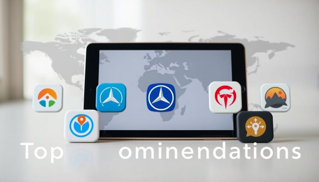 A detailed, high-quality map of offline navigation apps for tablets, presented in a clean, minimalist style. The foreground showcases several popular offline GPS apps, each with a distinct icon and logo. The middle ground features a world map, with continents and major cities subtly outlined. The background has a soft, blurred gradient, creating a sense of depth and focus on the apps. The overall lighting is natural and diffused, with subtle shadows and highlights to enhance the three-dimensional appearance of the elements. The composition is balanced, with the apps arranged in an aesthetically pleasing layout that reflects the "top recommendations" theme.
