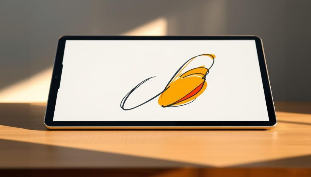 A digital drawing tablet screen displaying a stylish and precise digital illustration. The screen shows a sleek, high-resolution display with vibrant, true-to-life colors. The scene depicts a warm, natural lighting with soft shadows, creating a sense of depth and dimensionality. The screen is surrounded by a minimalist, metal frame, conveying a premium, professional aesthetic. The tablet's surface has a subtle, matte texture, providing optimal precision and control for the digital artist. The composition emphasizes the screen's clarity, sensitivity, and responsiveness, showcasing the ideal characteristics for precise digital drawing on Android and Windows platforms.