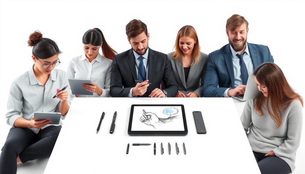 A diverse group of users engaged in various activities, set against a clean, minimalist backdrop. The foreground features a student taking notes, a creative professional sketching on a tablet, and a business person typing on a laptop. The middle ground showcases a range of devices, including a stylish Samsung tablet, pens, and other peripherals. The background has a subtle, neutral tone, allowing the subjects to take center stage. Soft, diffused lighting creates a pleasant, productive atmosphere, while the clean composition and lack of distractions focus the viewer's attention on the different user profiles and their needs.
