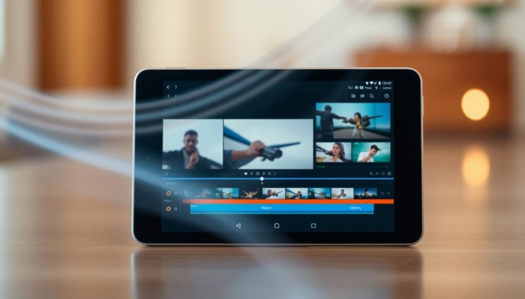 A fluid, dynamic video editing workflow on a tablet device, showcasing the seamless integration of video clips. In the foreground, an Android tablet displays a video editing interface, with intuitive tools and controls. The middle ground features a collection of video clips, each with a distinct color palette and visual style, indicating the variety of source material. In the background, a soft, blurred environment evokes a sense of focused creativity, with subtle lighting and a muted color scheme that complements the on-screen elements. The overall composition conveys a harmonious, streamlined editing process, where the tablet becomes an extension of the user's creative vision, enabling a frictionless transition from individual clips to a polished final video.