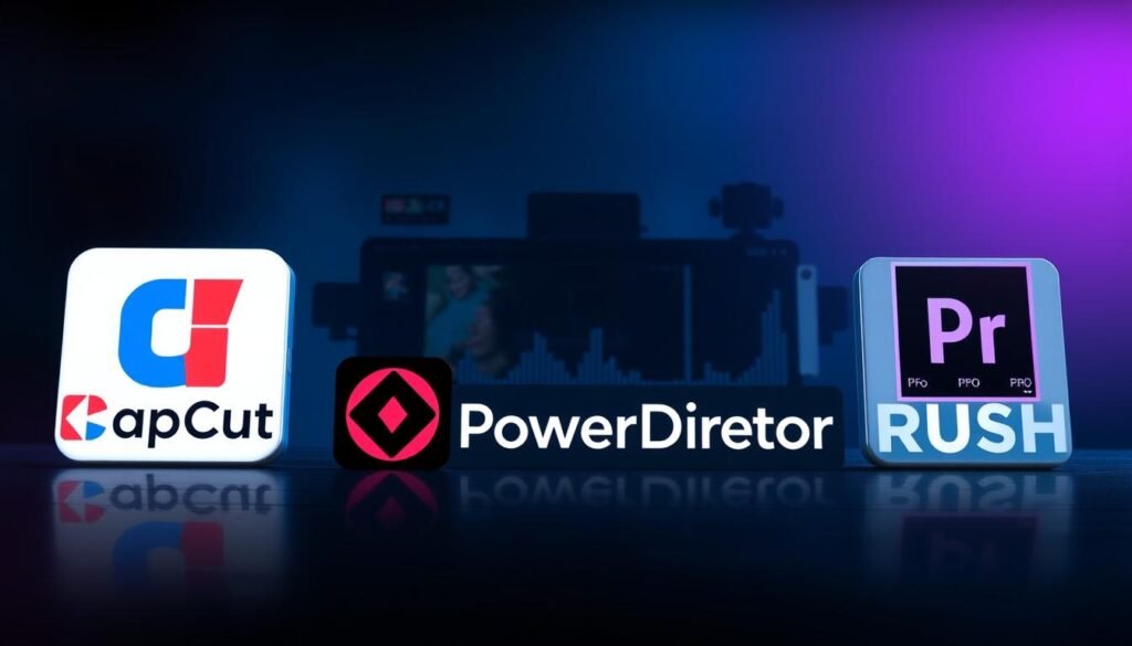 A high-contrast, cinematic composition showcasing the logos and UI elements of the leading video editing apps for Android tablets - CapCut, KineMaster, PowerDirector, and Adobe Premiere Rush. The foreground features the app icons and names prominently displayed, with a sense of depth and motion. The middle ground depicts abstracted UI elements and interface components, while the background is a moody, atmospheric gradient in shades of blue and purple, evoking a professional, "pro-social" vibe. The lighting is dramatic, with a mix of hard and soft shadows, and the overall aesthetic is sleek, modern, and visually striking.