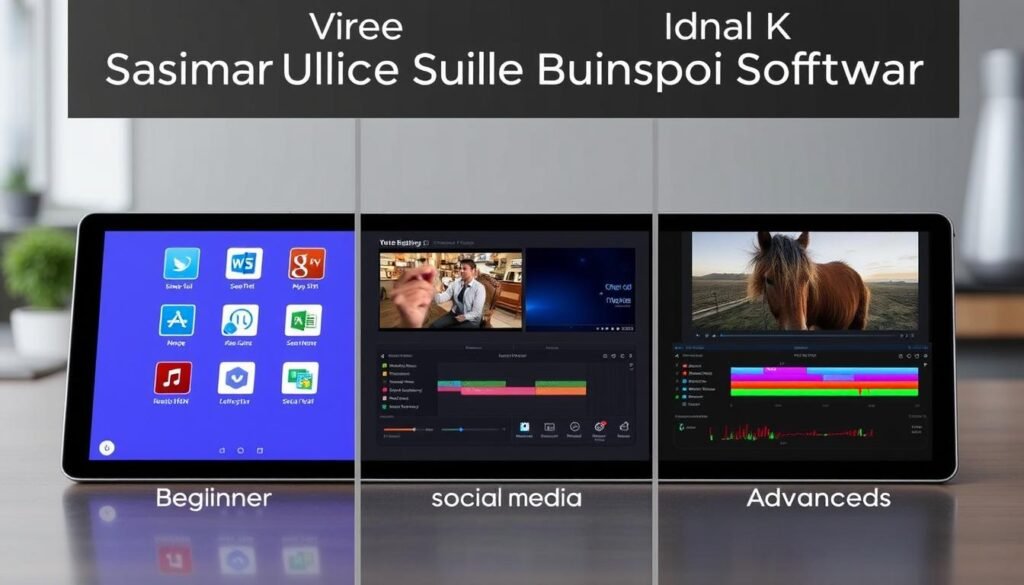 A high-quality, detailed comparison of leading video editing software for Samsung Tablets, showcasing their key features and capabilities for beginner, social media, and advanced user profiles. A sleek, modern display of side-by-side software icons and UI elements, set against a subtly blurred background that hints at the tablet's form factor. Muted, professional color tones convey the informative, authoritative nature of the content. Crisp, well-lit product shots capture the essence of each editing tool, allowing viewers to visually assess their distinct functionalities.