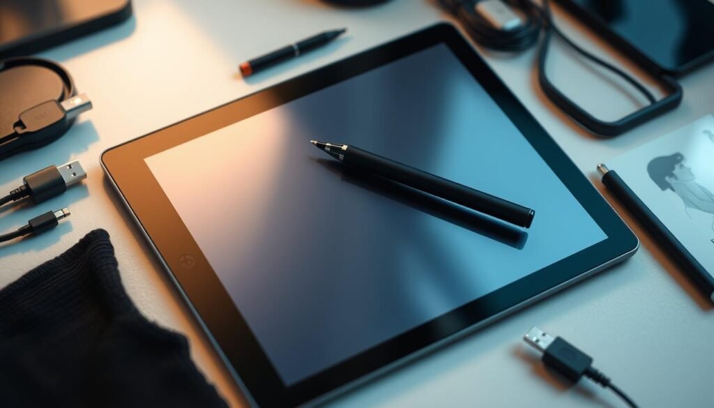 A high-quality digital drawing tablet with a sleek, minimalist design. The tablet surface is smooth and responsive, with a pen that glides effortlessly across the screen. The tablet is surrounded by a selection of essential accessories, including a stylus with customizable buttons, a comfortable drawing glove, and various connection cables to accommodate different devices. The lighting is soft and diffused, highlighting the tablet's elegant silhouette and the fine details of the accessories. The overall mood is one of focused creativity and professional-grade tools for the aspiring manga artist. A high-quality digital drawing tablet with a sleek, minimalist design. The tablet surface is smooth and responsive, with a pen that glides effortlessly across the screen. The tablet is surrounded by a selection of essential accessories, including a stylus with customizable buttons, a comfortable drawing glove, and various connection cables to accommodate different devices. The lighting is soft and diffused, highlighting the tablet's elegant silhouette and the fine details of the accessories. The overall mood is one of focused creativity and professional-grade tools for the aspiring manga artist.