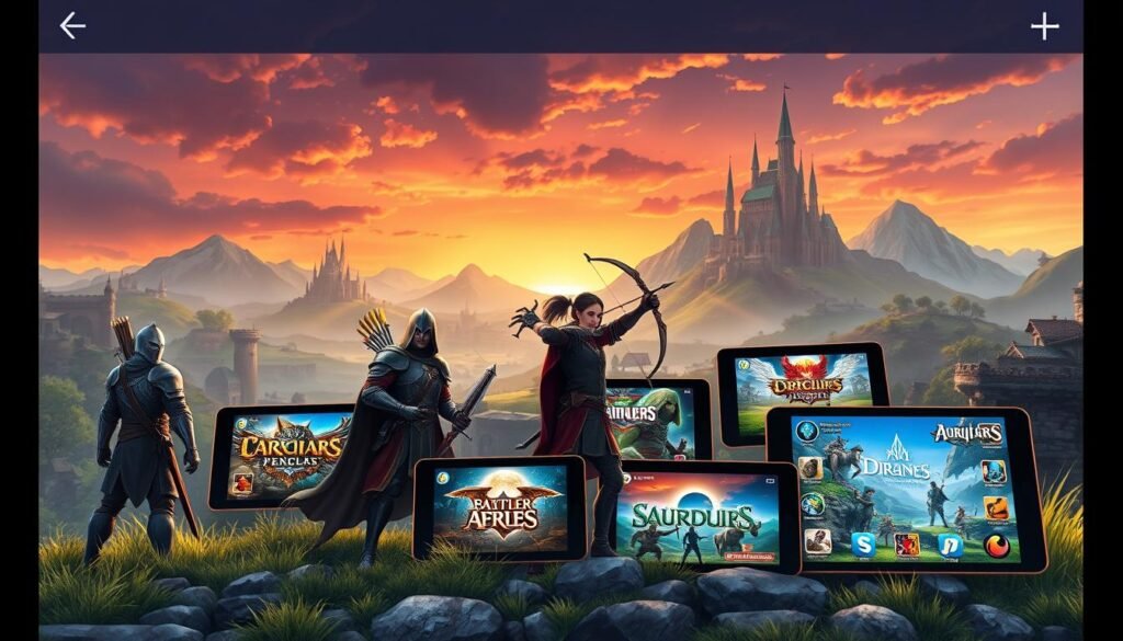 A high-quality, realistic digital illustration of the best free role-playing games for tablet devices. In the foreground, a group of fantasy adventurers - a knight, mage, archer, and rogue - standing heroically with their weapons drawn. In the middle ground, various tablet devices displaying the iconic app logos and screenshots of popular free RPG titles. In the background, a lush, detailed fantasy landscape with castles, mountains, and a vibrant sunset sky. Cinematic lighting, realistic textures, and a sense of adventure and discovery permeate the scene.
