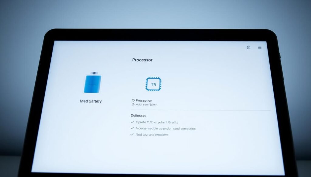 A high-resolution image depicting a computer screen showcasing a battery icon, a processor icon, and relevant system information. The screen is set against a clean, minimalist backdrop, allowing the key technical details to take center stage. The lighting is soft and diffused, creating a sense of depth and highlighting the screen's sleek design. The camera angle is slightly elevated, providing an ergonomic perspective that emphasizes the screen's dimensions and overall aesthetic appeal. The mood is one of technological sophistication and performance, reflecting the article's focus on the tablet's critical hardware components.