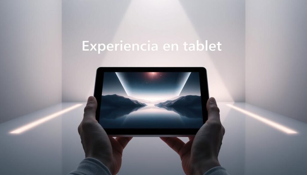 A highly detailed, crisp digital illustration depicting an advanced tablet device centered in the foreground, with a sleek, modern design and an immersive, high-resolution touchscreen display. The tablet is being held in the hands of a person, showcasing the seamless, responsive user experience. The background features a serene, minimalist environment, with soft lighting and clean, geometric shapes to create a sense of balance and harmony. The overall scene conveys a premium, cutting-edge aesthetic that perfectly captures the "Experiencia en tablet" concept - emphasizing the tablet's performance, intuitive interface, and well-designed gameplay sessions.