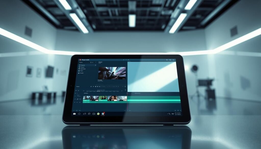 A highly detailed, futuristic and professional-looking image of the Adobe Premiere Rush video editing software running on a tablet device, showcasing its clean and automated editing features. The tablet is depicted in the foreground, with the Premiere Rush interface displayed prominently, highlighting its intuitive controls and streamlined workflow. The middle ground features a sleek, minimalist studio setting with soft, diffused lighting, creating an atmosphere of precision and efficiency. The background subtly suggests a high-tech, modern environment, with hints of technology and innovation. The overall composition and attention to detail convey the power and versatility of Premiere Rush as a leading video editing solution for Android tablets.