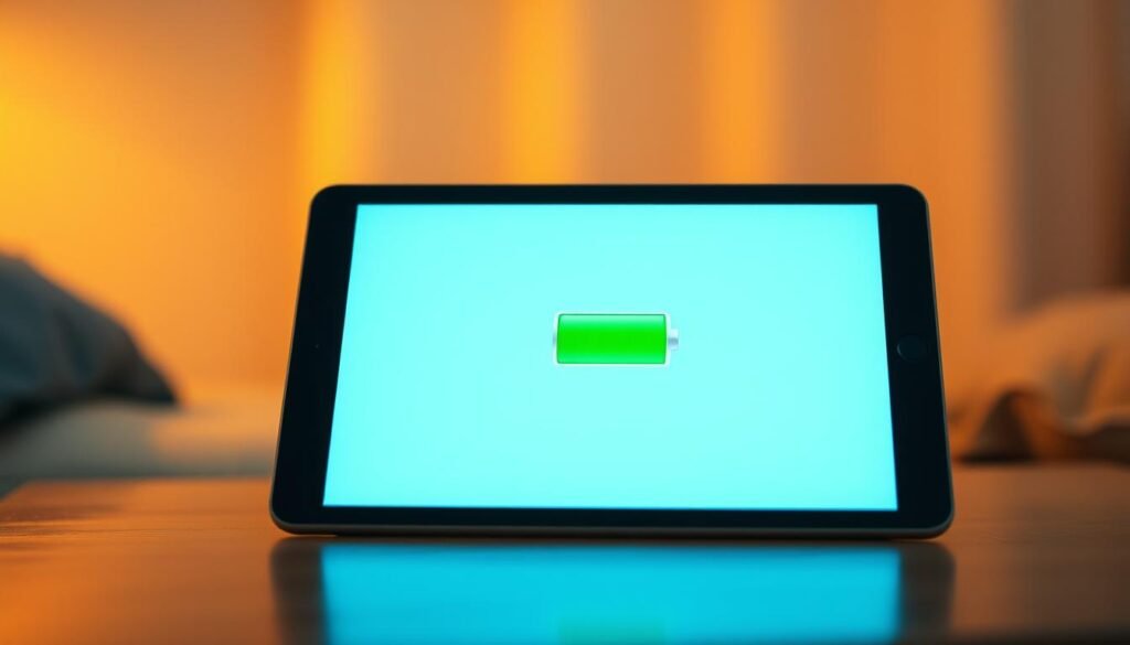 A modern tablet device displaying its battery charge level in a clean, minimalist interface. The screen is illuminated with soft, warm lighting, creating a comfortable and focused atmosphere. The background is blurred, drawing the viewer's attention to the battery display in the center. The battery icon is prominently featured, with a subtle percentage indicator providing precise detail. The overall composition conveys the importance of optimizing battery performance for extended gameplay sessions on a tablet.