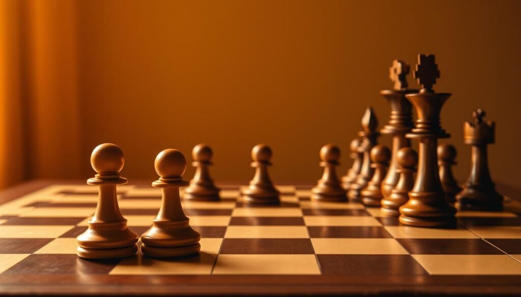A neatly arranged chessboard with pieces in a progressive sequence, showcasing the various levels of gameplay. In the foreground, a beginner's opening move - a simple pawn push. In the middle ground, a more complex position with multiple options, representing the tactical phase. In the background, an intricate web of opening lines and strategic maneuvers, hinting at the depth of the game. Warm, natural lighting illuminates the scene, creating a welcoming and contemplative atmosphere. The image should convey a sense of progression, inviting the viewer to explore the different stages of chess mastery, from the first steps to the refined repertoire.