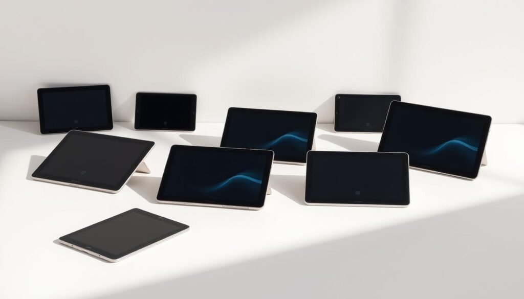 A neatly arranged display of compact, high-performance tablets in a well-lit, minimalist setting. The tablets are positioned at various angles, showcasing their sleek designs and compact forms. The background is a clean, neutral palette, allowing the devices to take center stage. Soft, natural lighting casts gentle shadows, emphasizing the tablets' sharp lines and attention to detail. The overall composition conveys a sense of sophistication, power, and portability - qualities that would appeal to the discerning buyer seeking the best small tablet experience.