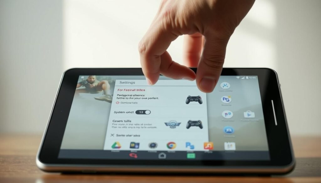 A serene and well-lit scene showcasing an Android tablet being optimized for gaming performance. In the foreground, skilled hands delicately adjust settings and tweak system parameters on the device's screen. The middle ground features various gaming-related icons and visual cues, hinting at the tablet's enhanced capabilities. The background depicts a calming, minimalist environment, accentuating the focus on the optimization process. The lighting is soft and natural, creating a sense of balance and control. The overall composition conveys a practical, sustainable, and risk-free approach to improving the tablet's gaming performance.