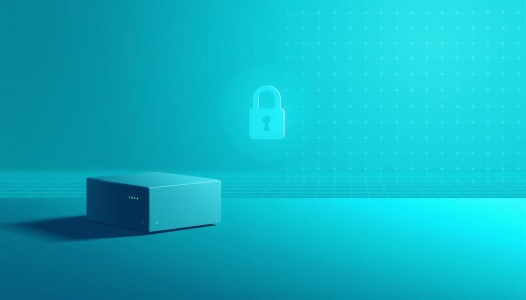 A serene, clean-lined digital illustration depicting the concept of data security. In the foreground, a sleek, minimalist data server icon sits atop a teal gradient backdrop, casting soft shadows. The middle ground features a floating lock icon, symbolizing privacy and protection, rendered in a cool, monochromatic palette. The background depicts a subtle, ethereal grid pattern in shades of blue, conveying a sense of order and connectivity. The overall mood is one of technological sophistication, assurance, and a commitment to safeguarding digital assets. The lighting is soft and even, with a slight vignette effect to draw the eye to the central elements. The camera angle is slightly elevated, giving a sense of authority and oversight.