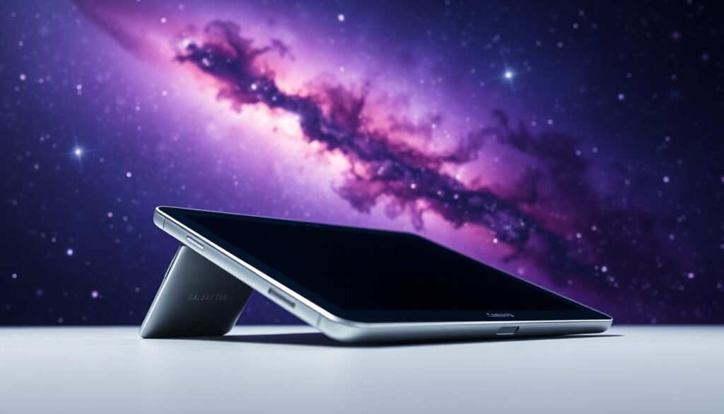 A sleek and sophisticated Galaxy Tab device, captured from a low-angle perspective to emphasize its premium design. The tablet is displayed against a backdrop of a vast, swirling galaxy, its deep purple and indigo hues complementing the silver and black tones of the device. Soft, diffused lighting creates a sense of depth and atmosphere, highlighting the tablet's sharp edges and glass display. The composition is balanced and visually striking, conveying the perfect blend of technology and cosmic wonder.