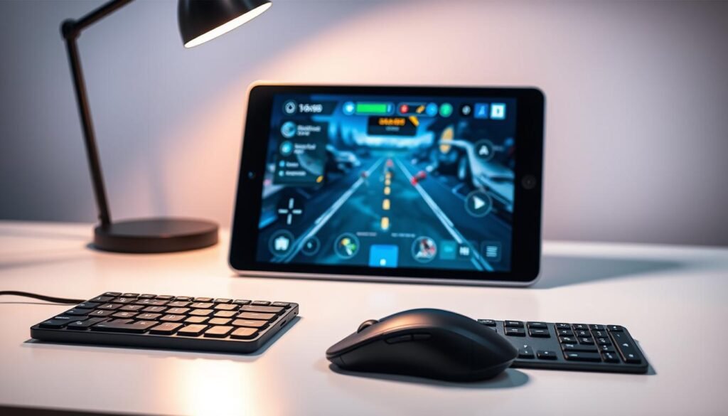A sleek, minimalist workspace with a modern Android tablet deftly positioned on a minimalist desk. The tablet's screen displays a game interface, showcasing intuitive touch controls and smooth, responsive gameplay. The foreground features a high-quality mouse and keyboard, seamlessly integrated for a seamless PC-like gaming experience. The middle ground includes a stylish desk lamp casting a warm, focused light on the setup. The background subtly blurs, emphasizing the central focus on the tablet and peripherals. The overall atmosphere is one of streamlined efficiency and effortless performance, capturing the essence of optimizing Android gaming on a PC.