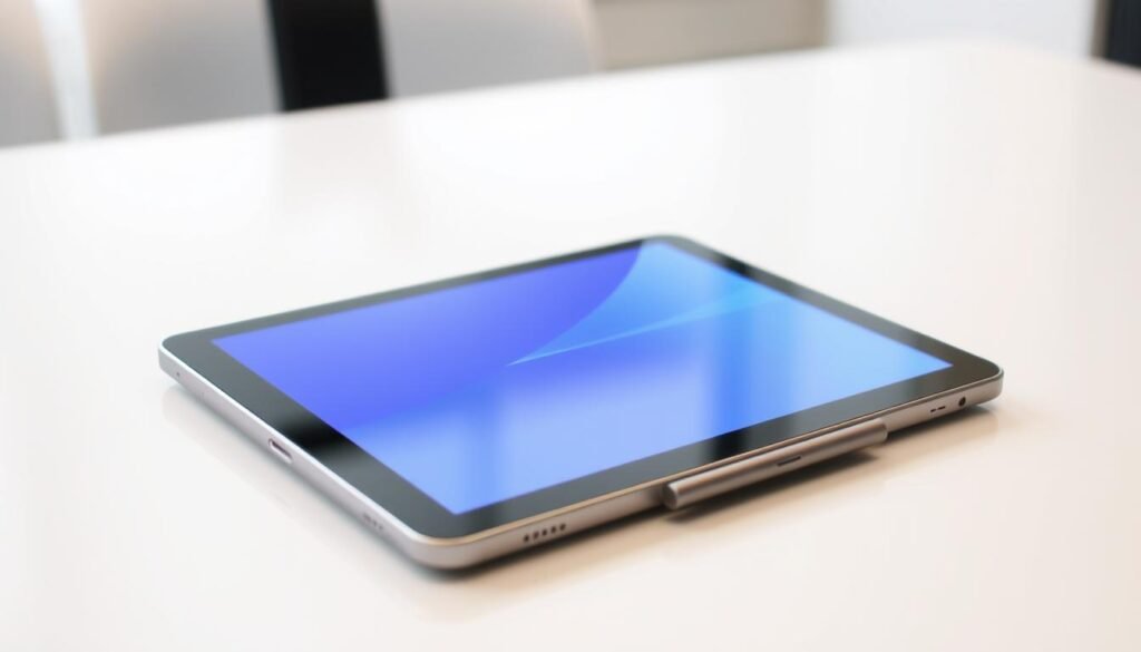 A sleek, modern Samsung Galaxy Tab device resting on a clean, minimalist desk. The tablet is displayed in a high-quality, well-lit studio setting, showcasing its vibrant screen, slim profile, and premium metal construction. The background is slightly blurred, creating a sense of focus on the device. The lighting is soft and diffused, accentuating the tablet's elegant lines and subtle details. The overall scene conveys a professional, sophisticated atmosphere suitable for an article discussing the best tablets for note-taking.