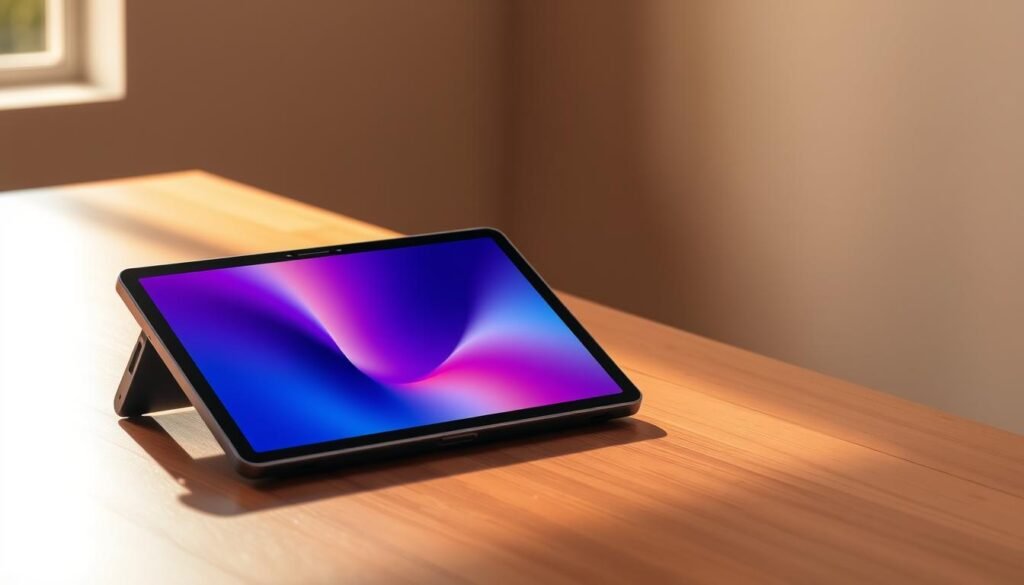 A sleek, modern Samsung Galaxy Tab resting on a polished wood surface, bathed in warm, directional lighting that casts subtle shadows. The tablet's display showcases its vibrant, high-resolution screen, showcasing its premium design and cutting-edge technology. The middle ground features a minimalist, uncluttered backdrop, allowing the tablet to take center stage. In the background, a subtle gradient blends from light to dark, creating a sense of depth and sophistication. The overall composition exudes a feeling of elegance and high-end craftsmanship, perfectly suited to illustrate the "best Samsung tablet of 2025" in the given article.