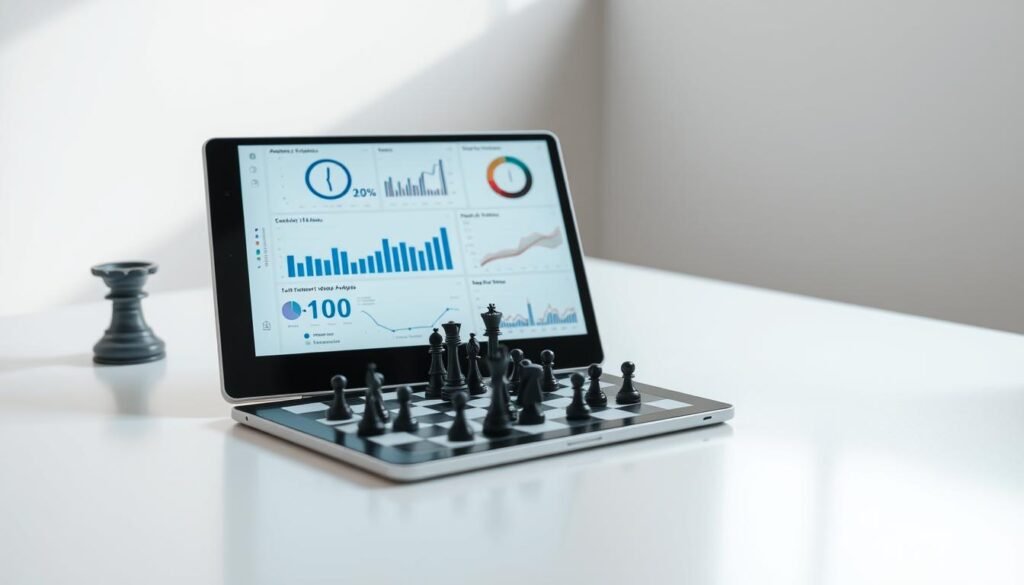 A sleek, modern tablet device rests on a minimalist workspace, its screen displaying a sophisticated video analysis interface. The foreground features a 3D model of a chessboard, with detailed pieces and animations showcasing various tactical moves and evaluations. The middle ground showcases statistical visualizations, heat maps, and analytical tools, providing in-depth insights into gameplay strategy. The background blends soft lighting, clean lines, and subtle gradients, creating a serene, technology-driven atmosphere that evokes a sense of thoughtful contemplation and strategic mastery.