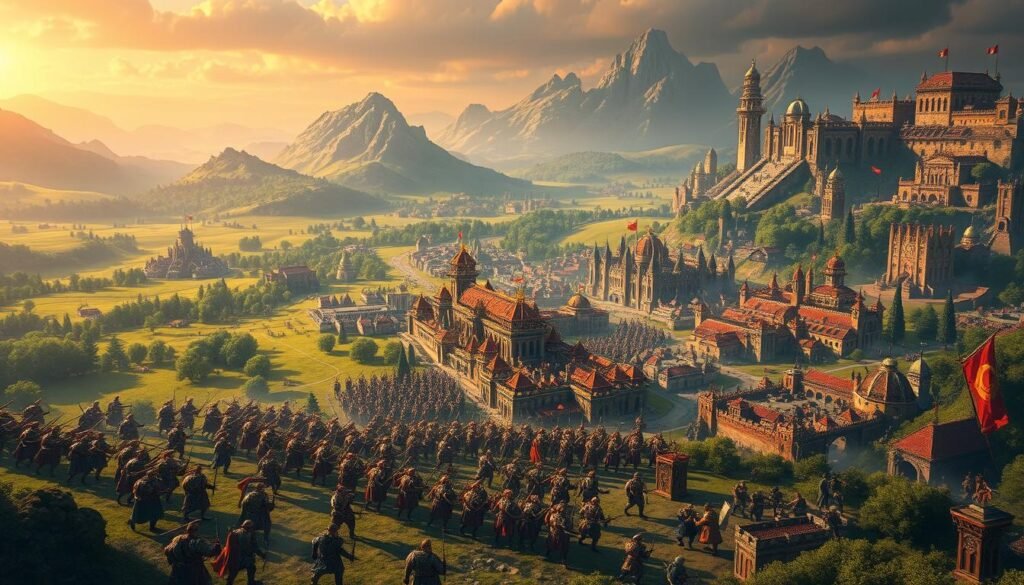 A sprawling digital empire set against an epic fantasy landscape. In the foreground, mighty armies of unique civilizations clash - armored knights, mystical archers, fearsome siege weapons. In the middle ground, bustling cities with towering fortifications, bustling with activity as they expand and progress through the ages. The background depicts a lush, varied terrain of rolling hills, dense forests, and majestic mountains, bathed in warm, golden light. An atmospheric, cinematic scene that captures the grand scale and immersive strategy of "DomiNations," the ultimate free-to-play tablet game that combines the depth of "Age of Empires" with the addictive, accessible gameplay of the best mobile titles.