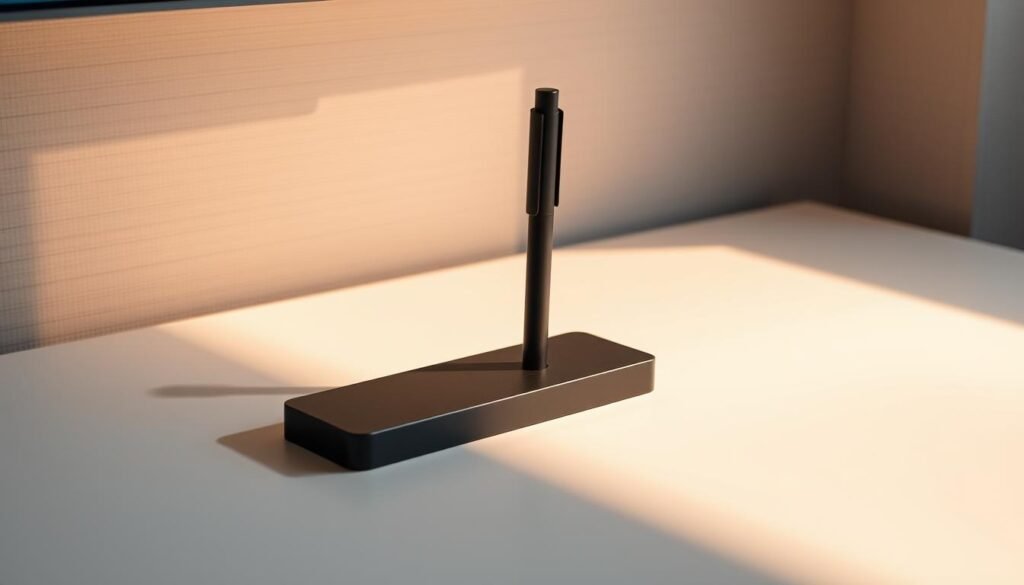 A stylish and functional pen holder resting on a minimalist desktop, casting soft shadows. The holder is crafted from high-quality materials, possibly matte black metal or dark wood, designed to securely cradle a slim digital stylus like the Apple Pencil or Samsung S Pen. The desktop surface is clean and uncluttered, with a subtle textured background that adds visual interest. Warm, directional lighting illuminates the scene, creating depth and highlighting the sleek, modern aesthetic. The overall composition emphasizes the pen holder's elegant design and practical purpose, inviting the viewer to imagine it as an essential accessory for a productive, distraction-free workspace.