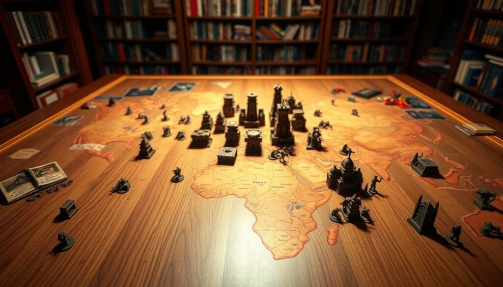 A sweeping, expansive view of a global Risk board game laid out on a wooden table. The game pieces are meticulously crafted, their intricate details catching the light. In the foreground, the familiar Risk map unfurls, continents and countries delineated in bold colors. The middle ground features towering stacks of game pieces, armies poised for conquest. In the background, a bookshelf laden with strategy guides and board game collections hints at the intellectual challenge of this classic tabletop experience. Dramatic lighting casts dramatic shadows, creating a sense of impending conflict and world domination. The overall mood is one of strategic grandeur, inviting the viewer to imagine the epic battles and cunning maneuvers that will unfold on this digital Risk battlefield.