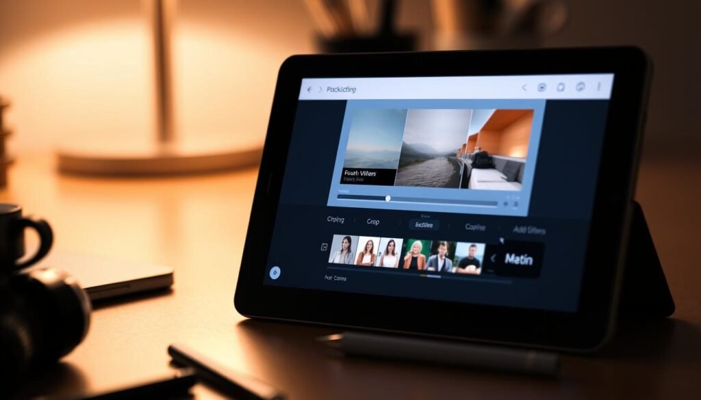 A tablet screen displaying a video editing app with a clean, intuitive interface. The app showcases various video editing tools, such as trimming, cropping, and adding filters. The screen is illuminated by soft, warm lighting, creating a cozy, focused atmosphere. The tablet is positioned on a minimalist desk, surrounded by a few office supplies, emphasizing its versatility for productivity and creativity on the go. The composition highlights the app's ease of use and the seamless integration of video editing capabilities within the Samsung tablet ecosystem.