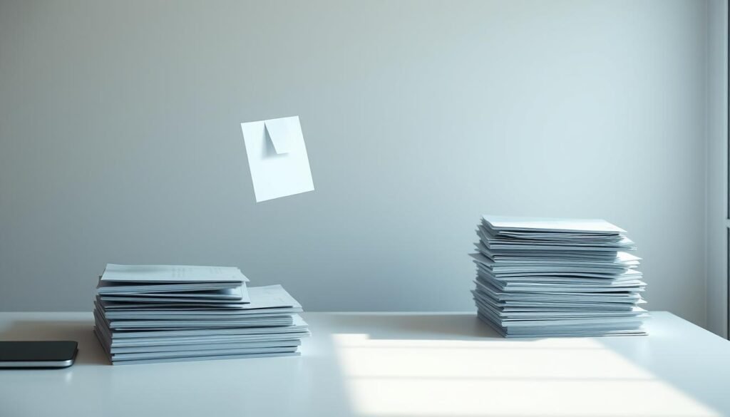 A tidy, organized desktop with a minimalist aesthetic. Floating file folders, neatly stacked documents, and a serene background suggest a sense of digital decluttering. Warm, diffused lighting from a nearby window casts a soft glow, creating a tranquil ambiance. The composition emphasizes clean lines, negative space, and a balanced, symmetrical layout to convey a feeling of efficiency and control over digital clutter. Subtle shadows and highlights add depth and dimensionality to the scene, while a muted color palette of blues, grays, and whites evokes a sense of calm and focus.