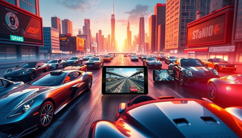 A vibrant, dynamic display of the best car gaming experiences for tablets. In the foreground, an array of sleek, high-performance sports cars and classic roadsters, rendered with photorealistic detail and gleaming finishes. The middle ground features tablet devices showcasing immersive, cinematic gameplay, with drivers navigating challenging courses and engaging in thrilling races. The background sets the scene with a stylish, futuristic cityscape, complete with towering skyscrapers and neon-lit streets, creating a visually captivating and technologically advanced atmosphere. Warm, directional lighting casts dramatic shadows, enhancing the sense of depth and motion, while a shallow depth of field focuses attention on the central gaming experience. The overall composition and attention to technical and artistic elements capture the essence of the "Selección de los mejores juegos de coches para tablet: diversión, rendimiento y estilos para todos" section.