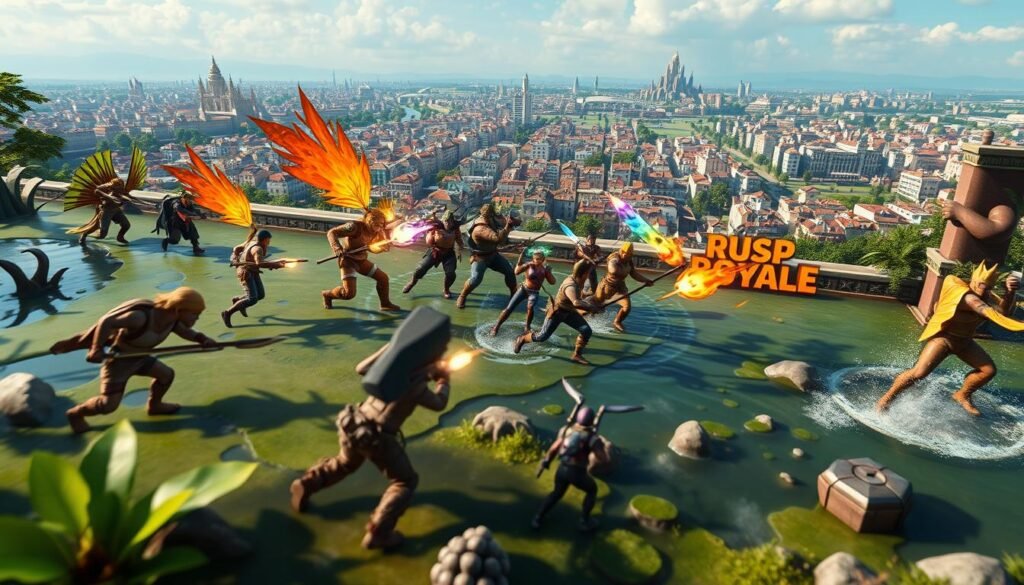 A vibrant, dynamic scene showcasing a diverse array of popular mobile defense games. In the foreground, characters from Swamp Attack engage in strategic battles amidst lush, swampy environments. In the middle ground, the iconic heroes of Rush Royale charge into action, their colorful abilities flashing across the screen. The background features a panoramic view of Spain's urban landscapes, hinting at the game's widespread appeal. Realistic lighting casts dramatic shadows, while a cinematic camera angle captures the excitement and intensity of these alternative gaming experiences. The overall mood conveys a sense of adventure, exploration, and competitive thrills, inviting the viewer to immerse themselves in these engaging, contemporary mobile titles.