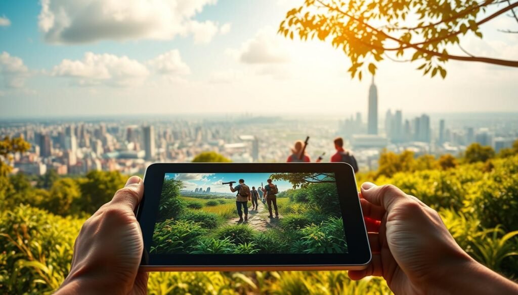 A vibrant outdoor scene with a tablet device in the foreground, displaying an augmented reality experience. In the middle ground, a group of adventurers exploring a lush, verdant landscape, their tablet screens illuminating their path. In the background, a sprawling cityscape with skyscrapers and towering landmarks, blending the physical and digital realms. Warm, golden lighting bathes the scene, creating a sense of wonder and exploration. The composition emphasizes the integration of technology and the natural world, inviting the viewer to immerse themselves in a captivating role-playing adventure.
