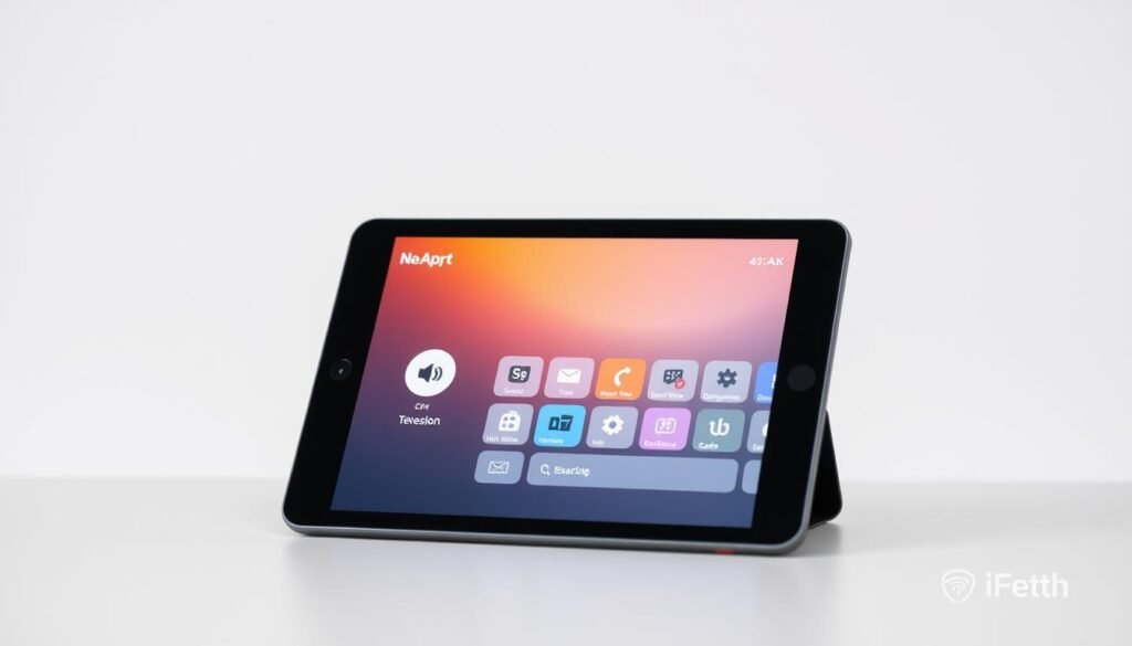 A well-lit tablet display showcasing an app interface for watching television, set against a clean, minimalist background. The app UI features a clean design with intuitive icons and controls, highlighting its user-friendly experience. The tablet is angled slightly to provide a clear view of the screen, with a modern, sleek device framing the display. The overall composition conveys a sense of simplicity, accessibility, and the seamless integration of digital media into everyday life.