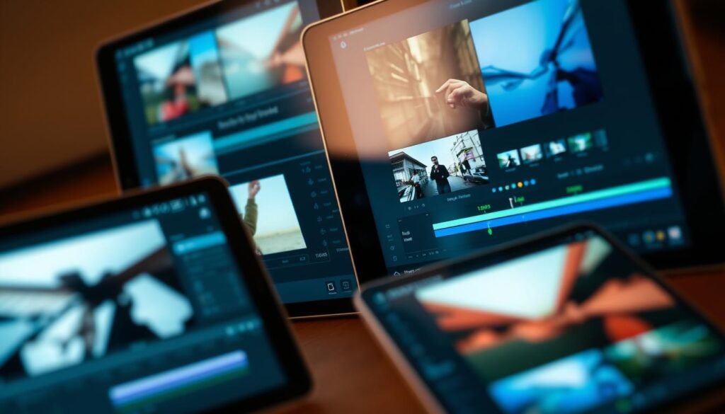 Detailed close-up comparison of video editing software interfaces on tablet screens, arranged in a grid layout. Sleek, minimalist design with a focus on usability and key features like timeline, effects, and export settings. Soft warm lighting illuminates the clean lines and intuitive controls, conveying an atmosphere of efficiency and professionalism. Angle emphasizes the tablet form factor and touch-based interactions. Subtle depth of field blur separates the foreground from the background, drawing the eye to the central software comparisons.